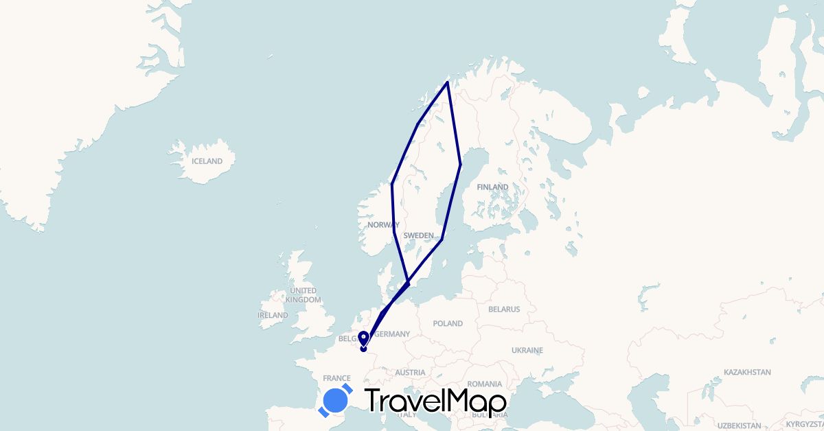 TravelMap itinerary: driving in Germany, Denmark, Luxembourg, Norway, Sweden (Europe)